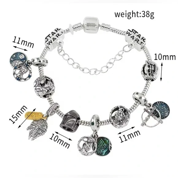 925 Sterling Silver Plated Star Wars Ensemble Themed Charm Bracelet - Picture 3 of 6